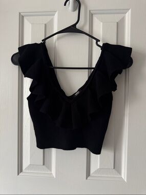 Express Black Ruffle V-Neck Cropped Top